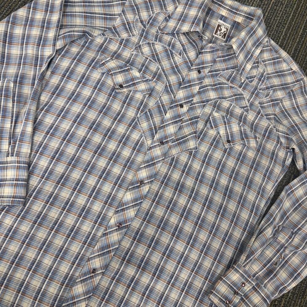 Karman Western Shirt Mens L Blue Plaid Vintage Excellent Embroidered Snap Front